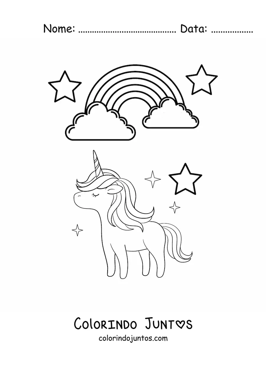 Desenho para colorir de um arco-íris com unicórnio e estrelas