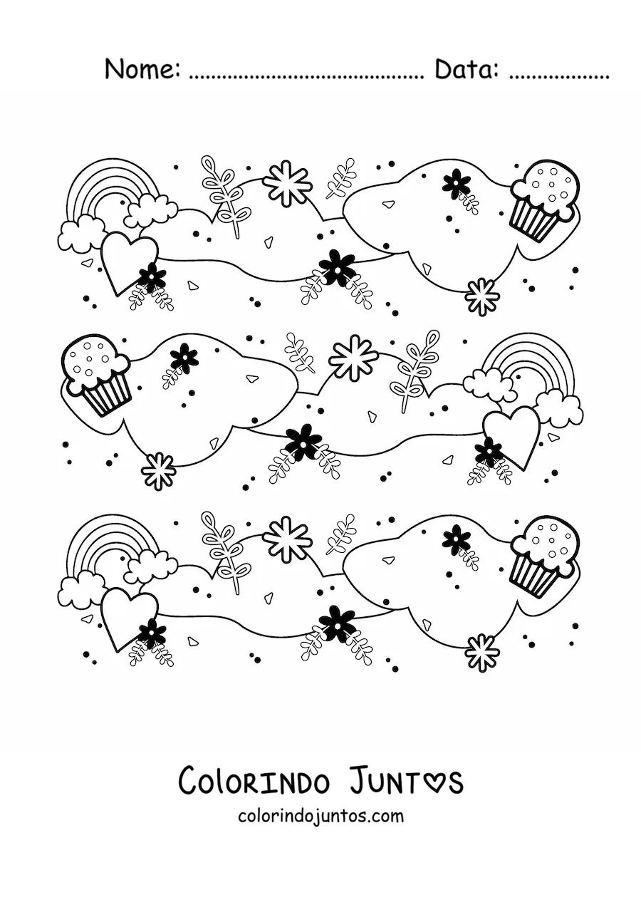 Desenho para colorir de padrão de arco-íris fofos com nuvens, cupcakes, corações, flores e folhas