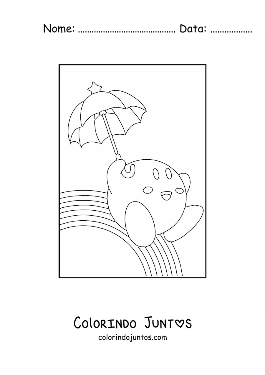 Desenho para colorir do Kirby com uma sombrinha sobre um arco-íris