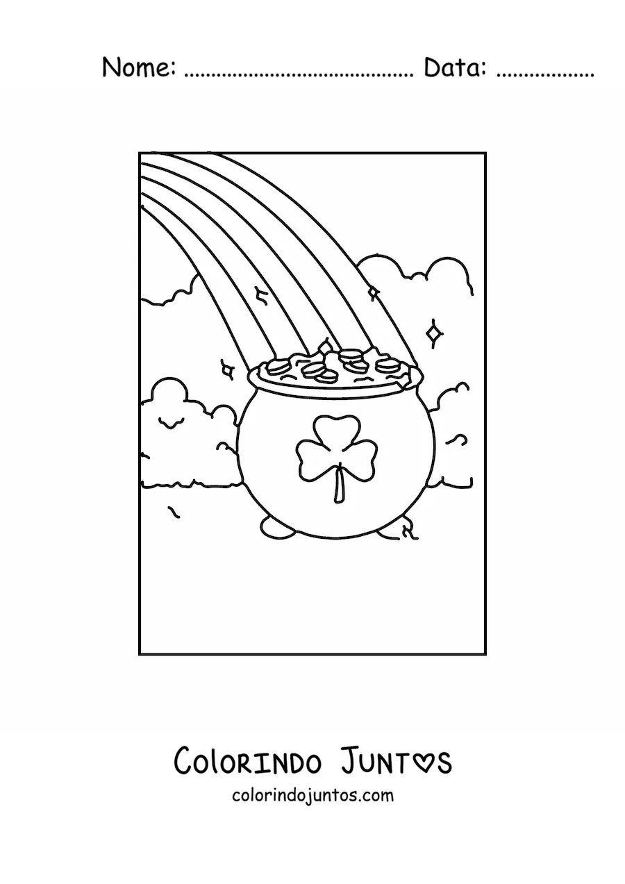 Desenho para colorir de pote de ouro com estampa de trevo no fim de um arco-íris