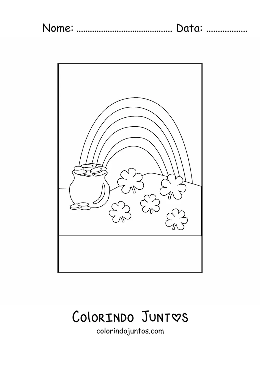 Desenho para colorir de um arco-íris com pote de ouro e 5 trevos