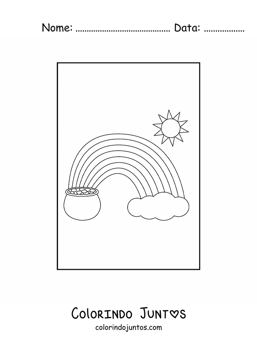 Desenho para colorir de um arco-íris com Sol, nuvem e pote de ouro