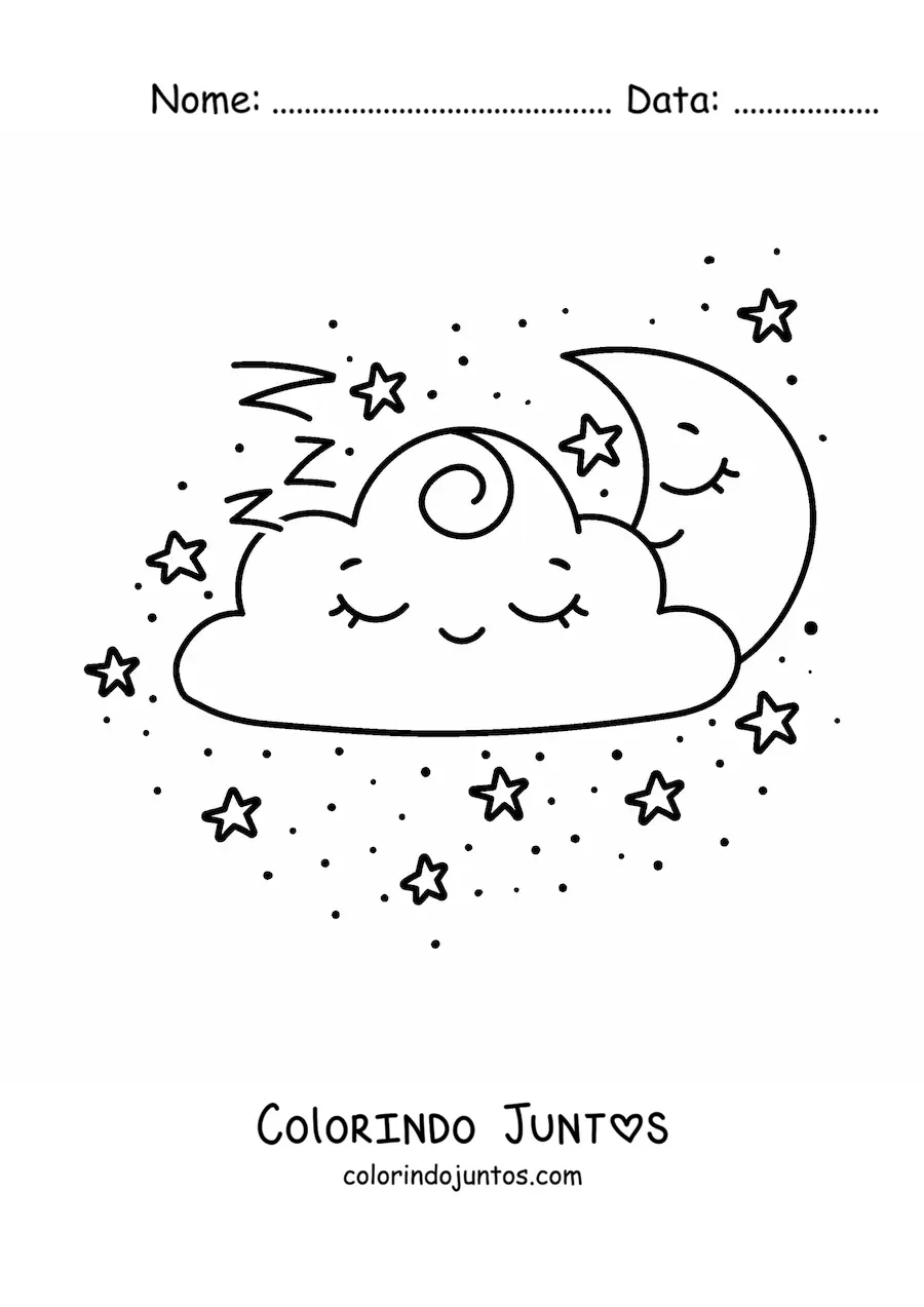 Desenho para colorir de nuvem kawaii dormindo com lua kawaii dormindo e estrelas