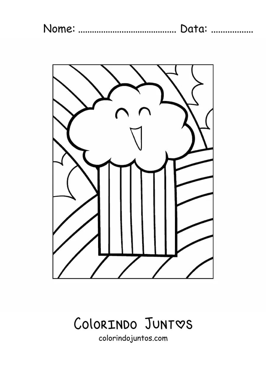 Desenho para colorir de nuvem fofa sorrindo em desenho animado com arco-íris ao fundo