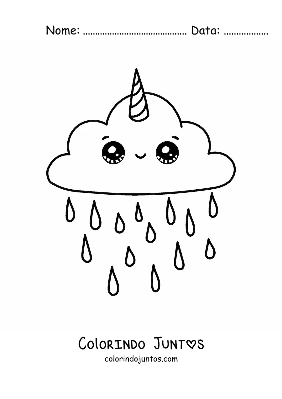 Desenho para colorir de nuvem de unicórnio kawaii com chuva