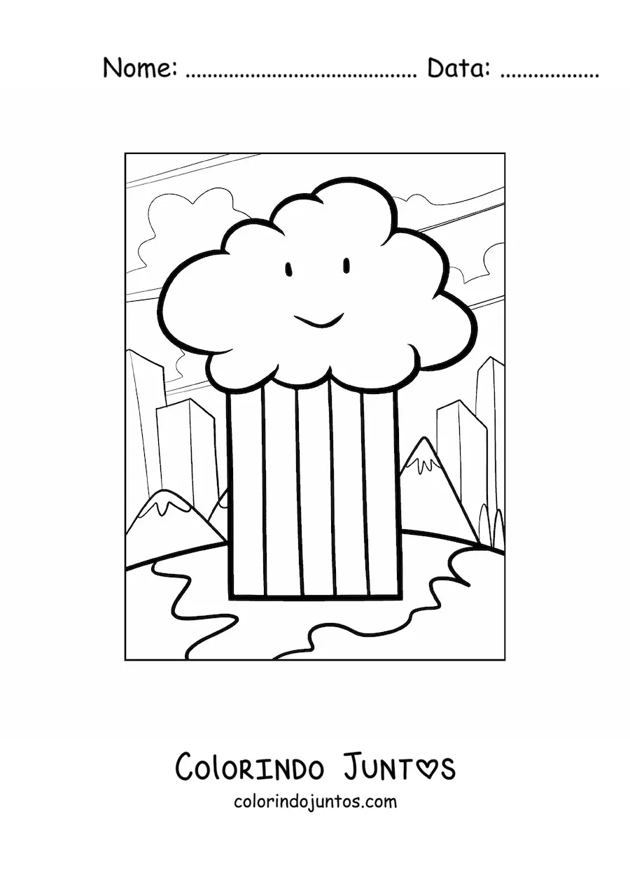 Desenho para colorir de nuvem em desenho animado com arco-íris, montanhas e uma cidade ao fundo