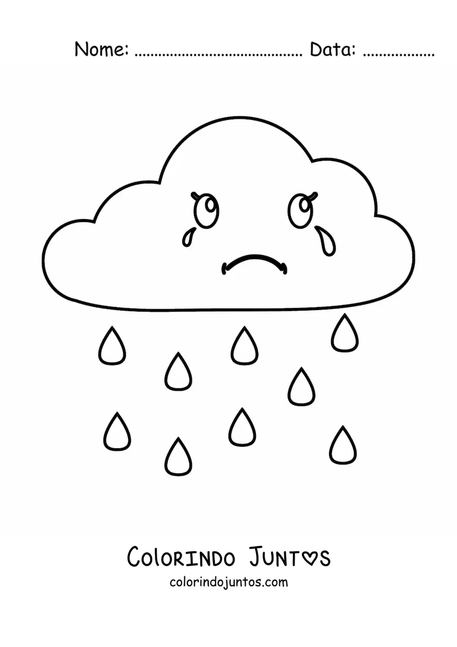 Desenho para colorir de nuvem chorando em desenho animado com chuva