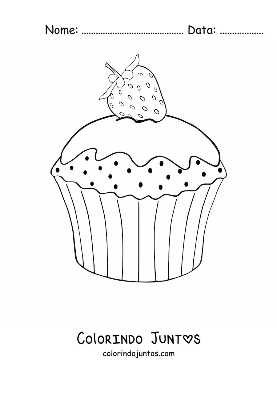 Desenho para colorir de um cupcake decorado com um morango