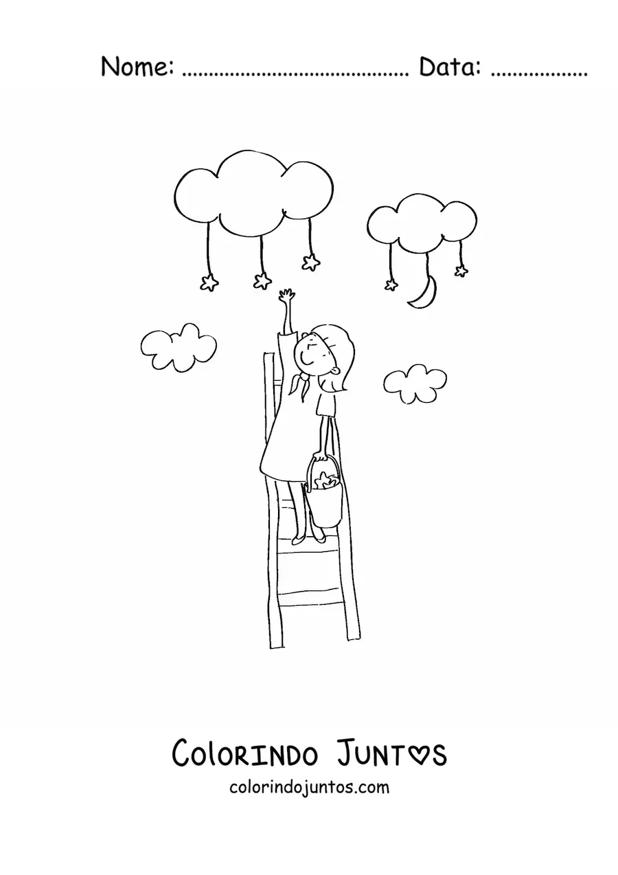 Desenho para colorir de menina sobre uma escada alcançando as nuvens e colhendo estrelas