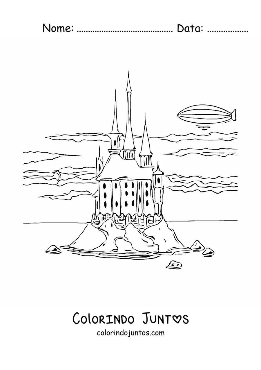 Desenho para colorir de castelo em uma ilha com nuvens realistas no céu e um dirigível ao fundo