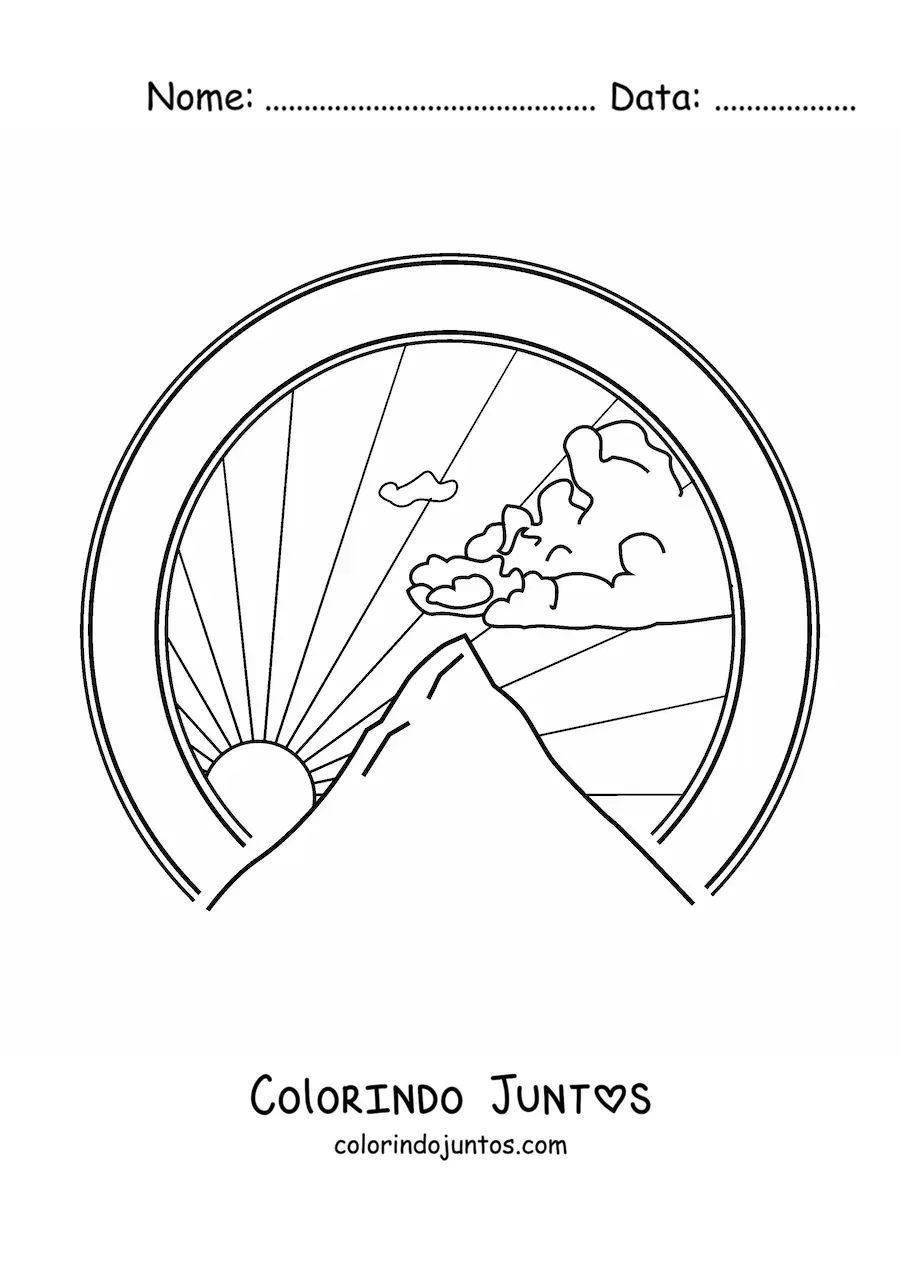 Desenho para colorir de paisagem de montanha com nuvem realista e Sol ao fundo