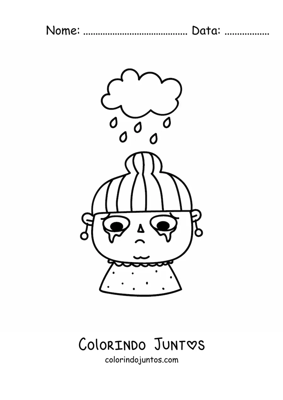 Desenho para colorir de menina chorando com nuvem chovendo sobre a cabeça