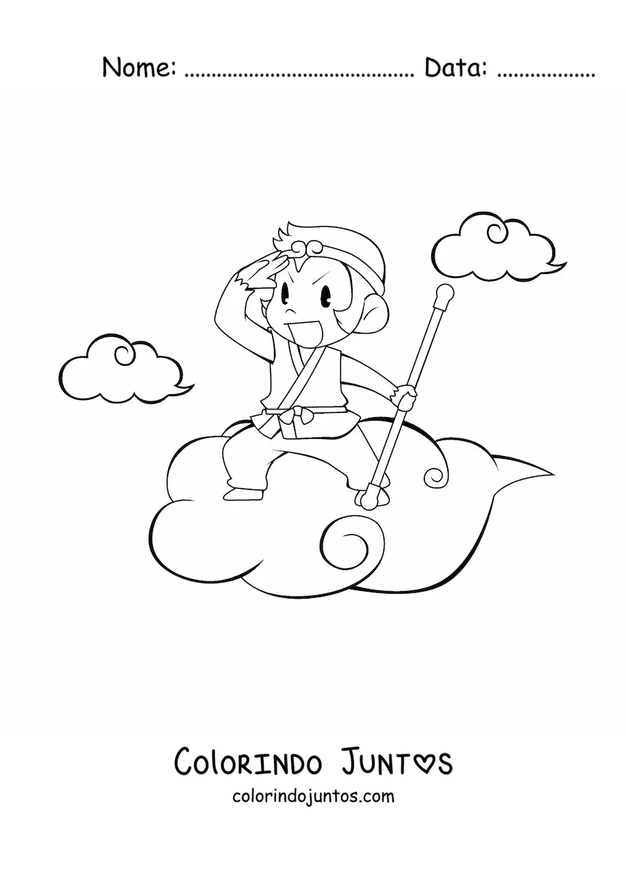 Desenho para colorir de macaco em desenho animado viajando sobre uma nuvem, com nuvens ao fundo