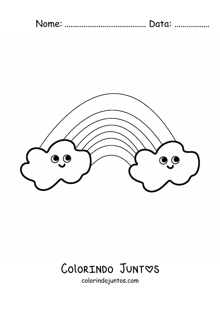 Desenho para colorir de nuvens sorridentes em desenho animado com arco-íris