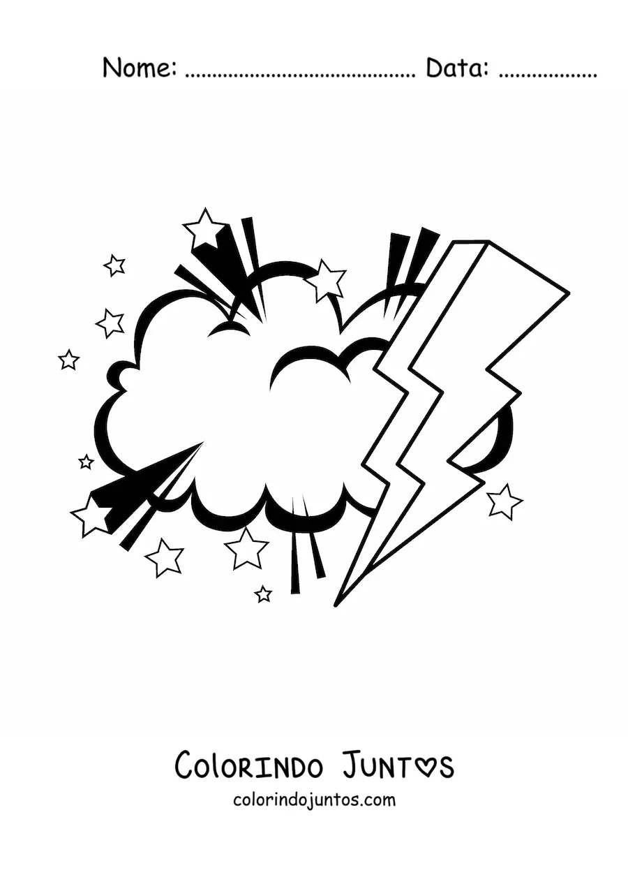 Desenho para colorir de nuvem com raio grande e estrelas