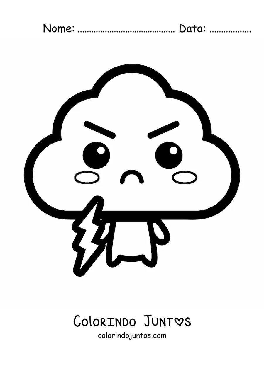 Desenho para colorir de nuvem kawaii segurando um raio