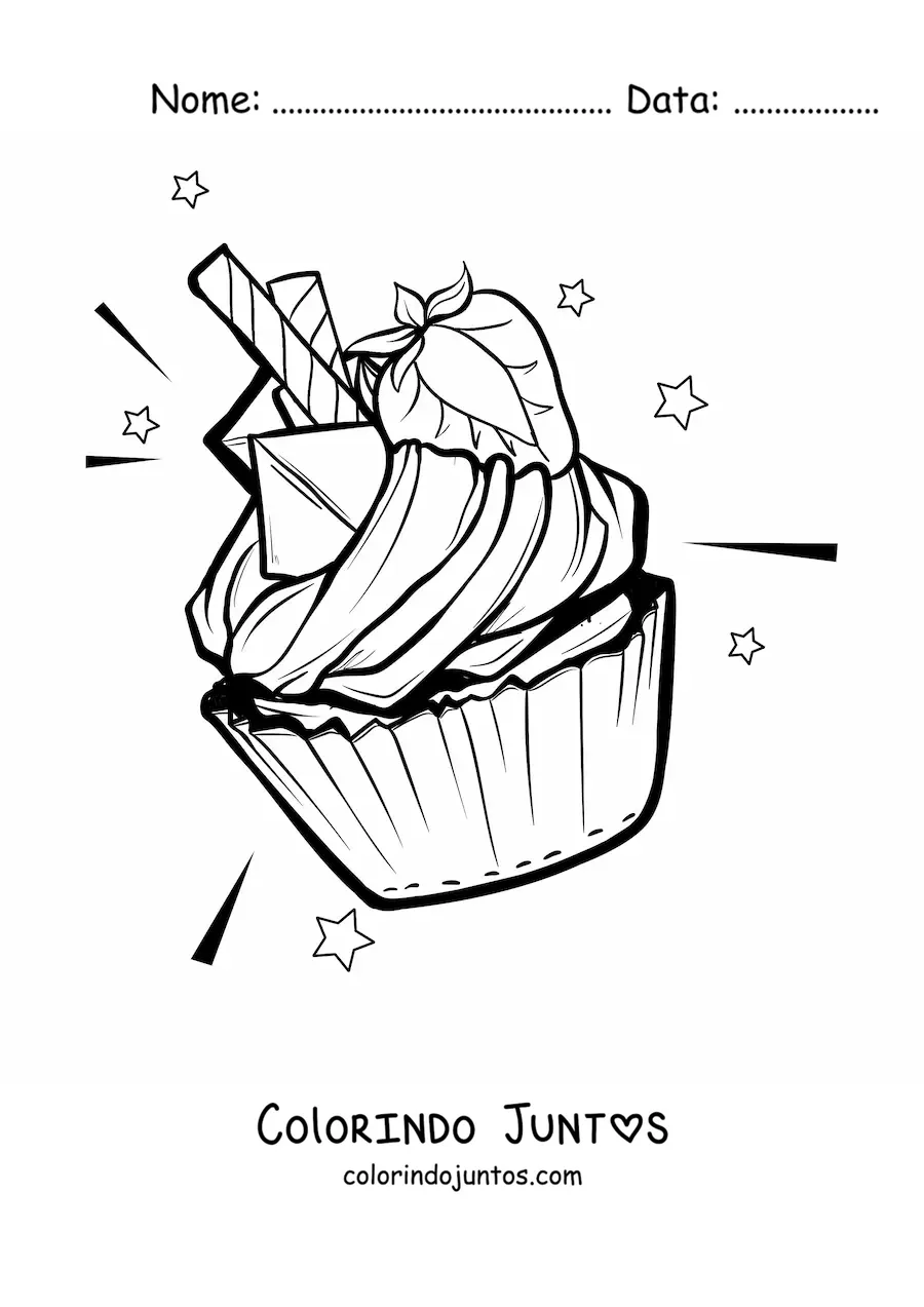 Desenho para colorir de um cupcake decorado com creme e um morango