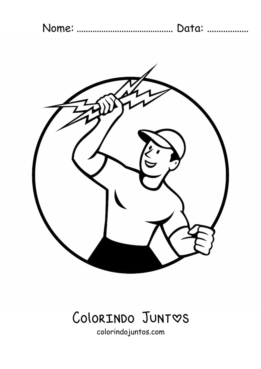 Desenho para colorir de eletricista com 2 raios na mão