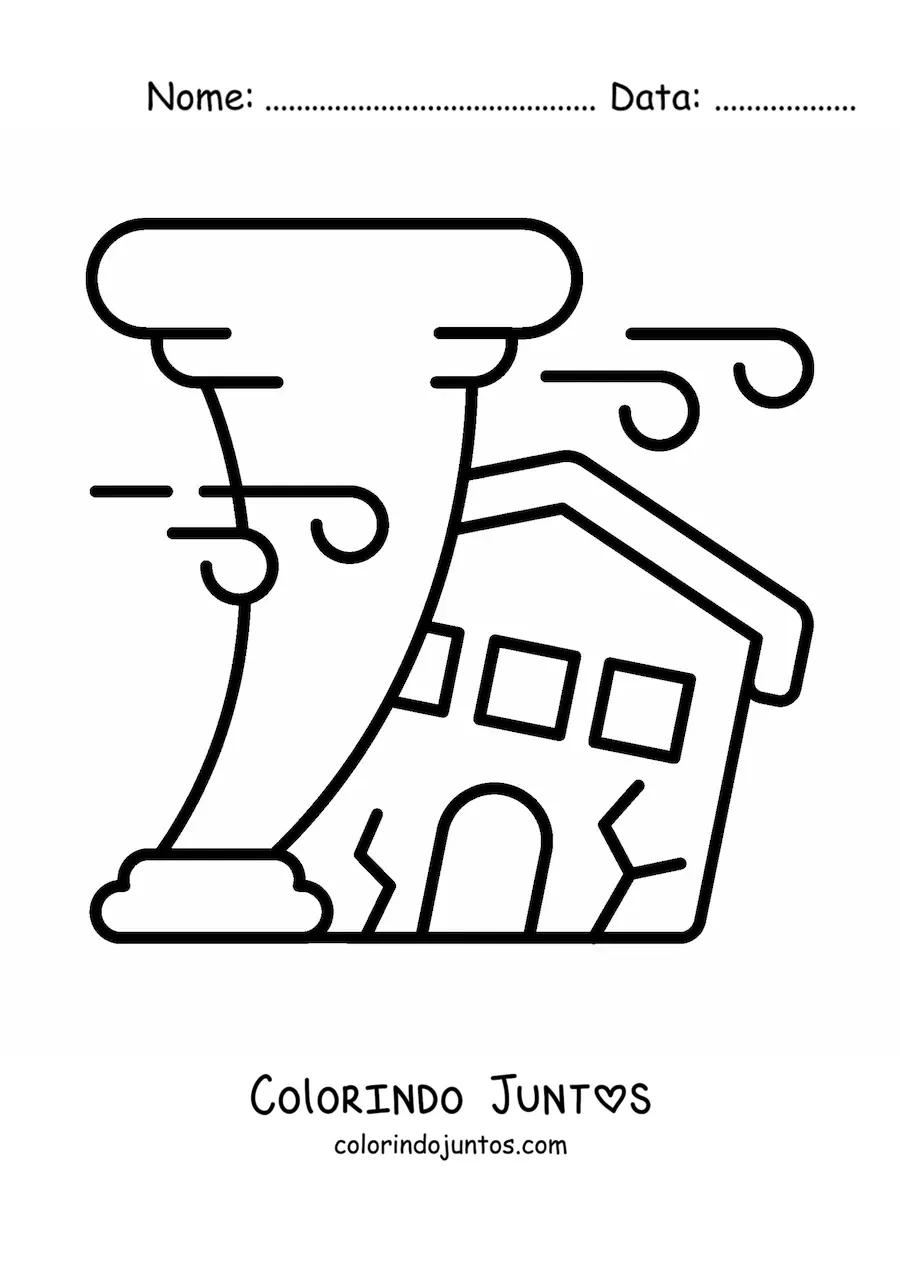 Desenho para colorir de uma casa sendo destruída por um furacão