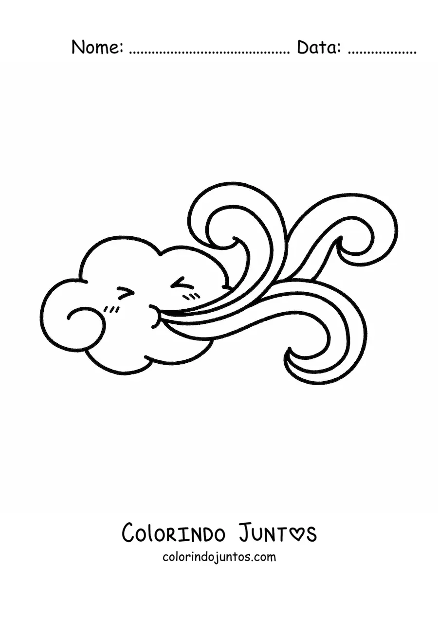 Desenho para colorir de nuvem kawaii soprando vento