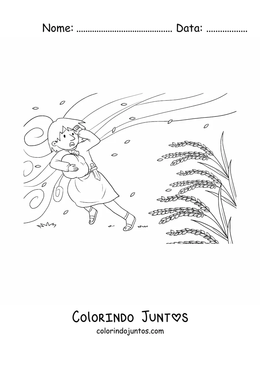 Desenho para colorir de homem sendo arrastado pelo vento em um trigal