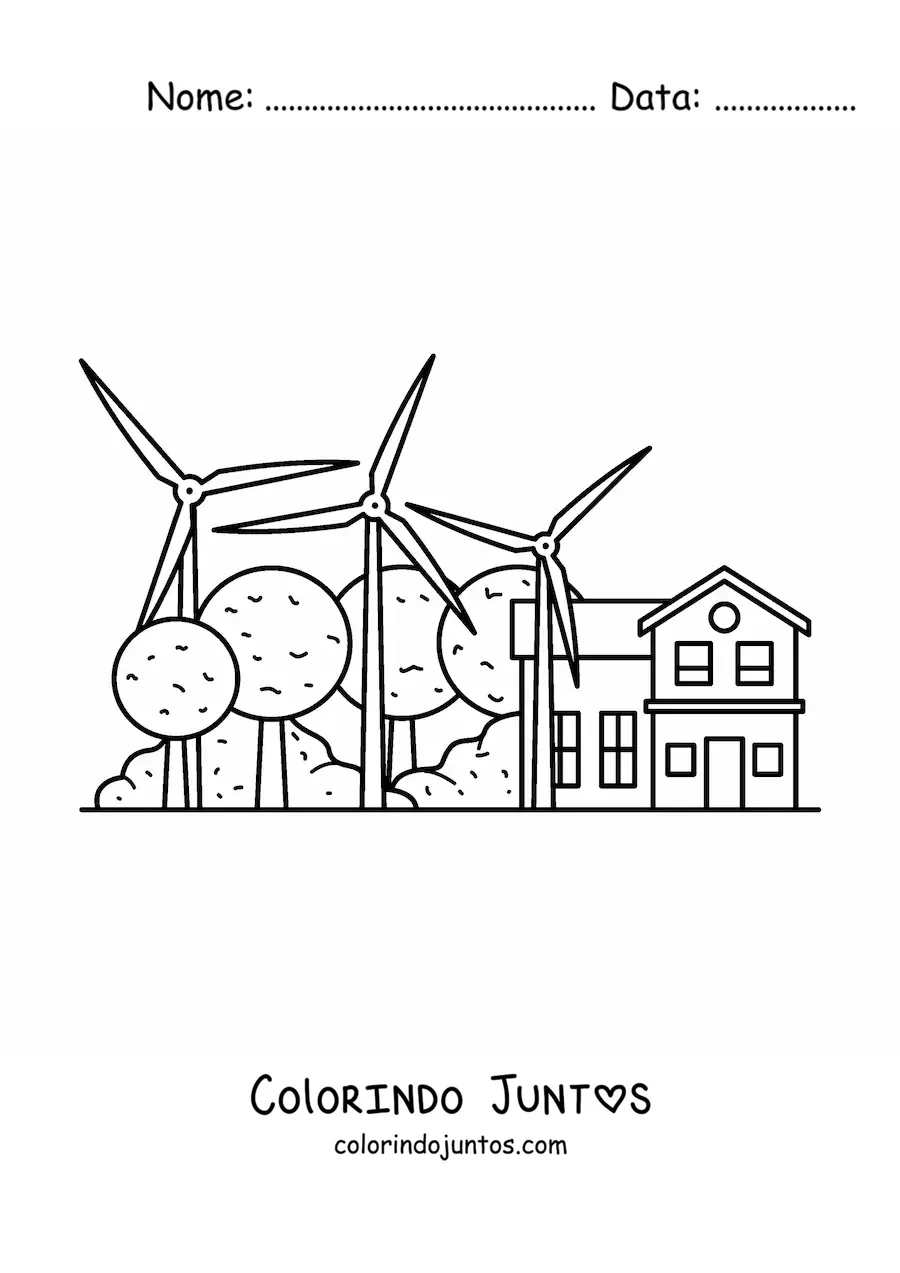 Desenho para colorir de moinhos de vento fornecendo eletricidade a uma casa, com árvores ao fundo