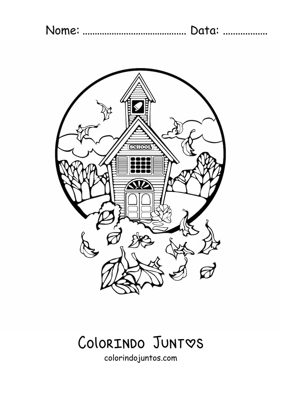 Desenho para colorir de escola com árvores e folhas ao vento