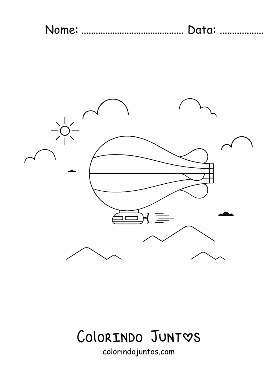 Desenho para colorir de dirigível voando com nuvens e montanhas ao fundo