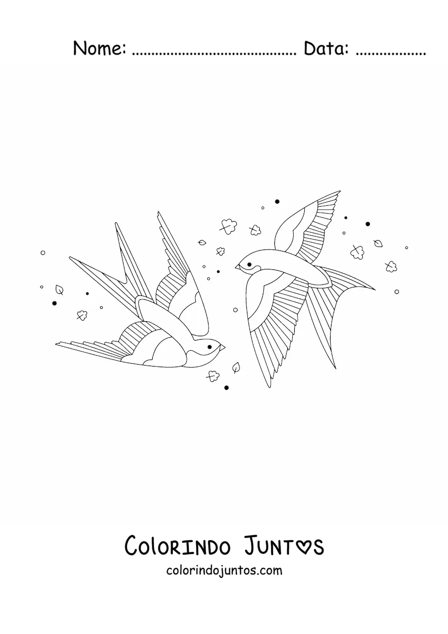 Desenho para colorir de aves voando com folhas ao vento ao fundo