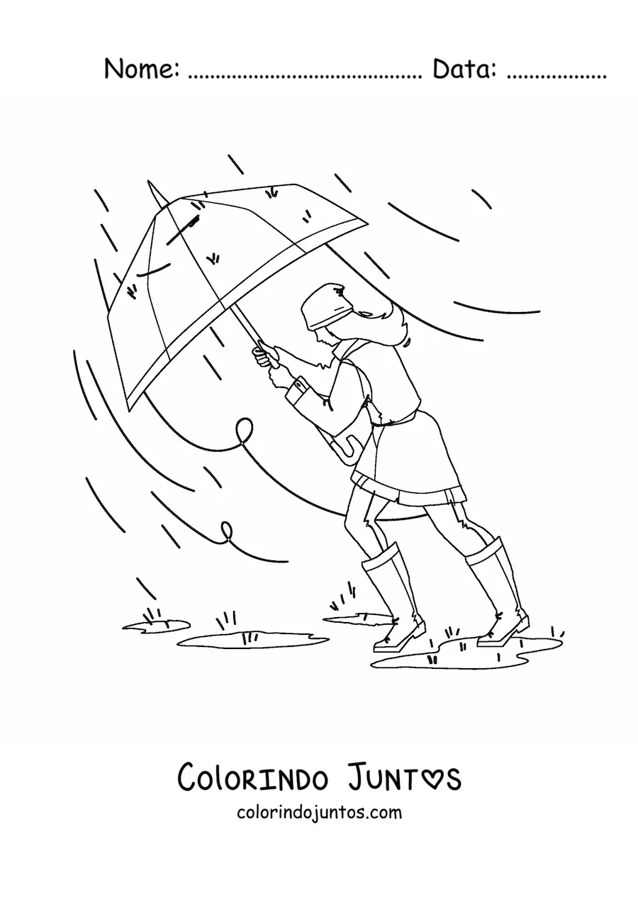 Desenho para colorir de menina com guarda-chuva caminhando em uma tempestade forte