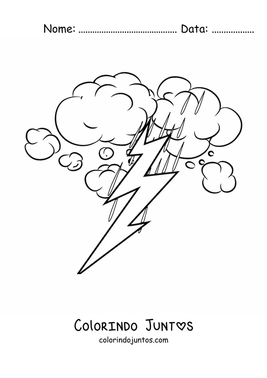 Desenho para colorir de chuva e relâmpago em uma tempestade elétrica