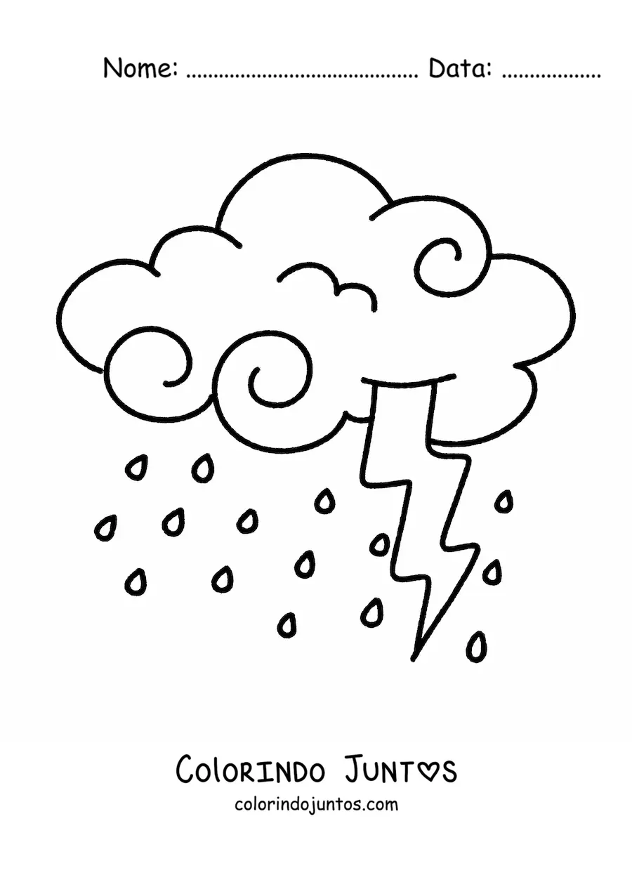 Desenho para colorir de nuvem com chuva e raio em tempestade com relâmpagos