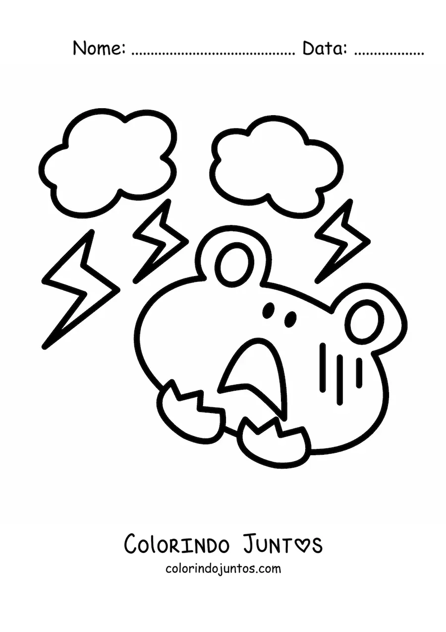 Desenho para colorir de sapo assustado por uma tempestade elétrica em desenho animado