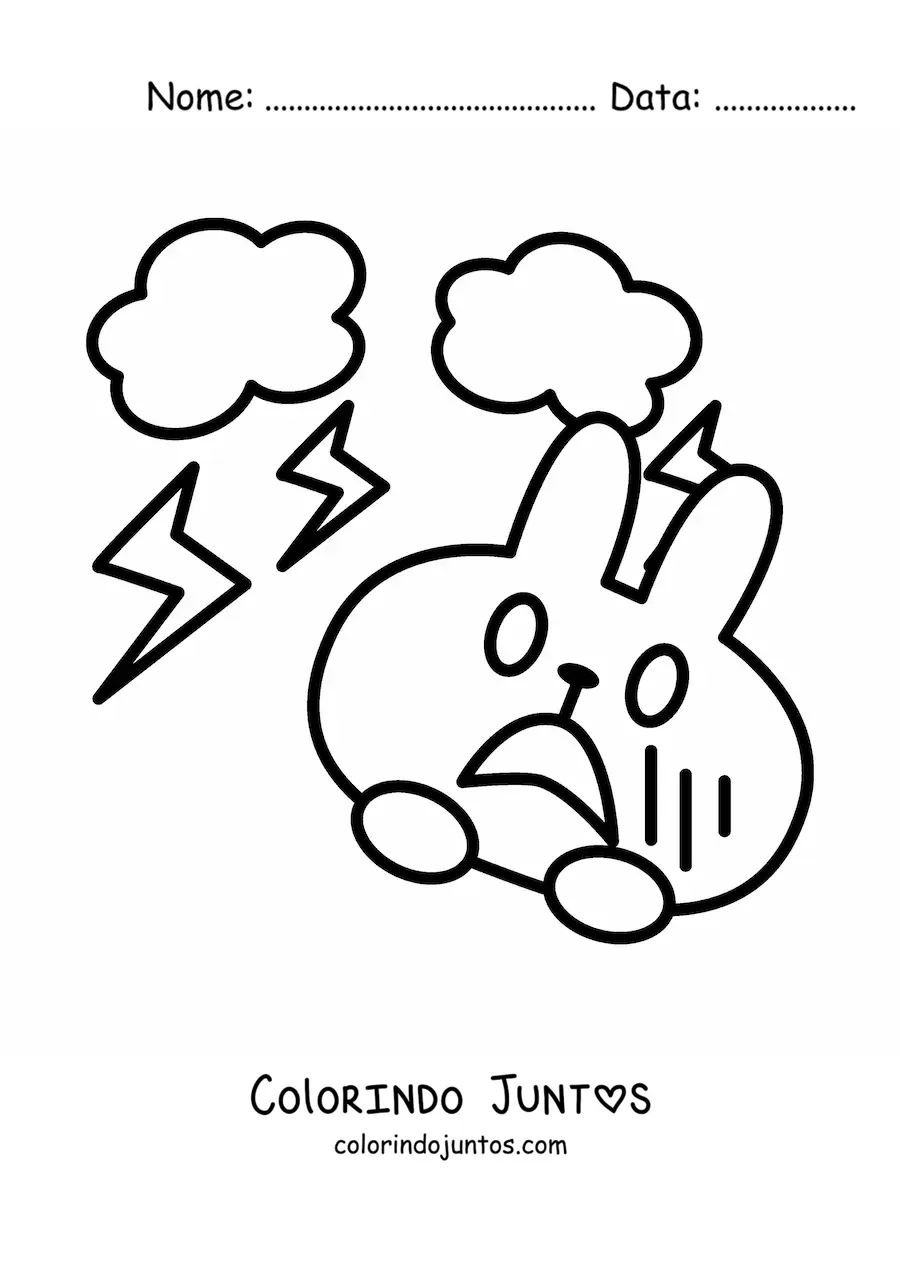 Desenho para colorir de coelho assustado por uma tempestade elétrica em desenho animado