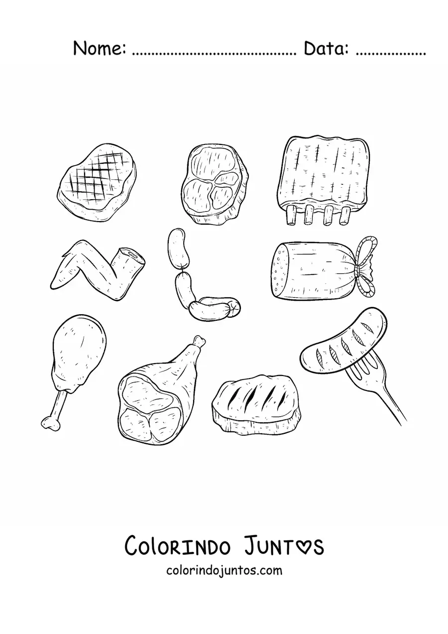 Desenho para colorir de várias carnes vermelhas e brancas