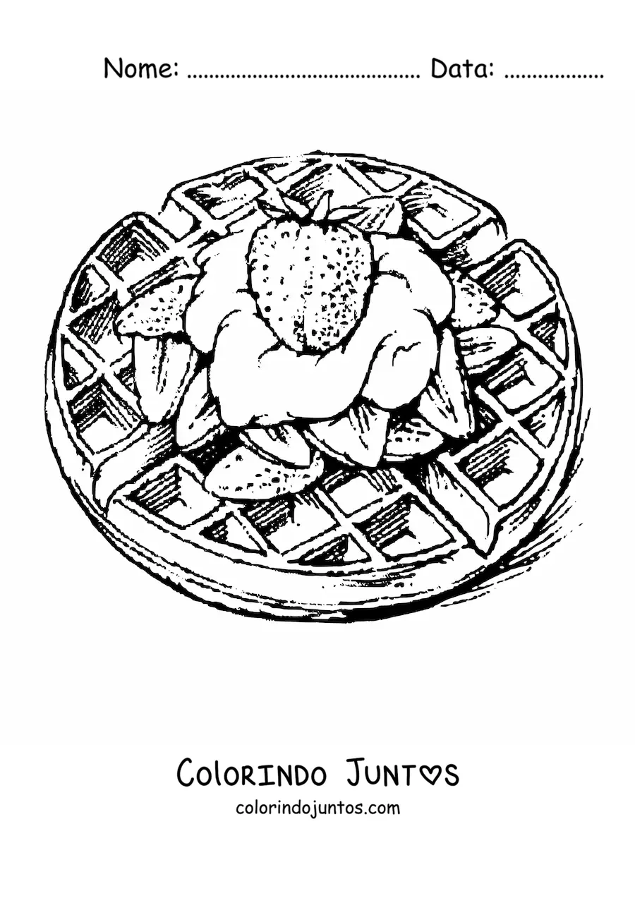 Desenho para colorir de uns waffles com creme e morangos