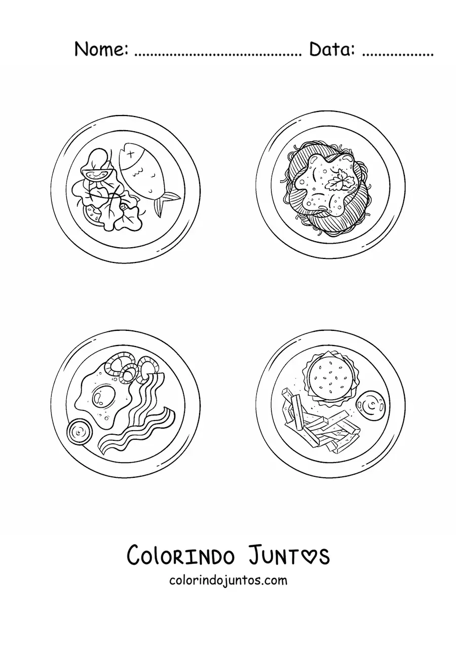 Desenho para colorir de vários pratos com carne cozida