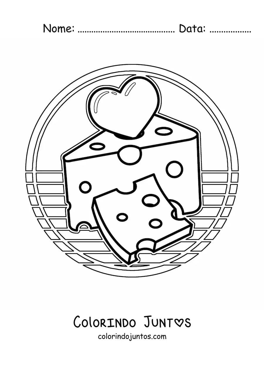 Desenho para colorir de um pedaço e uma fatia de queijo com um coração