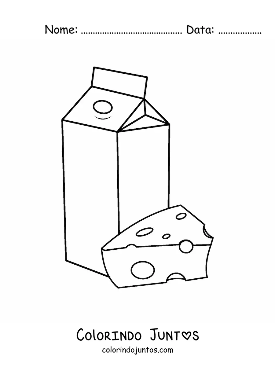 Desenho para colorir de um pedaço de queijo e uma caixa de leite