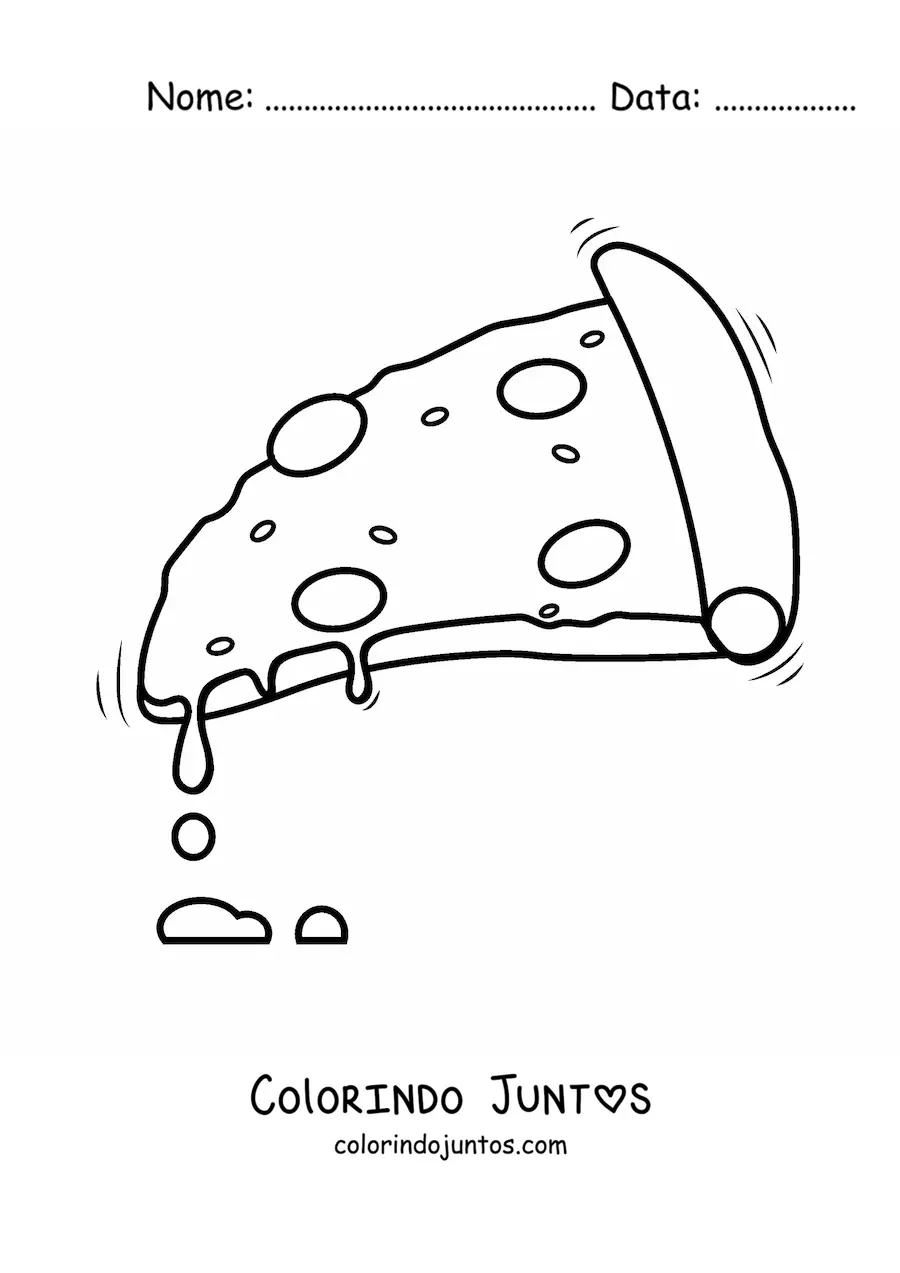Desenho para colorir de uma fatia de pizza com queijo derretido