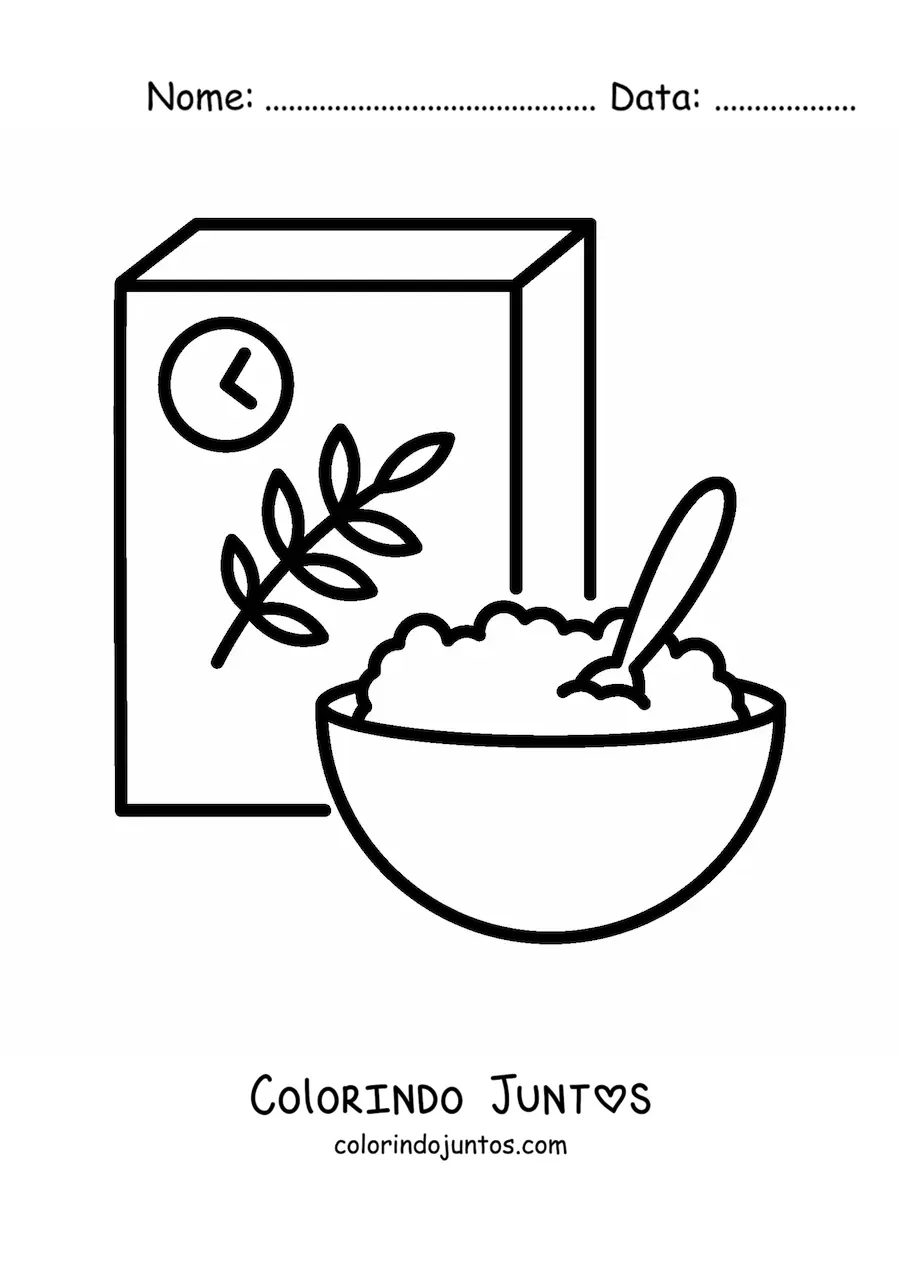 Desenho para colorir de uma caixa de cereal e um cereal em um prato com leite