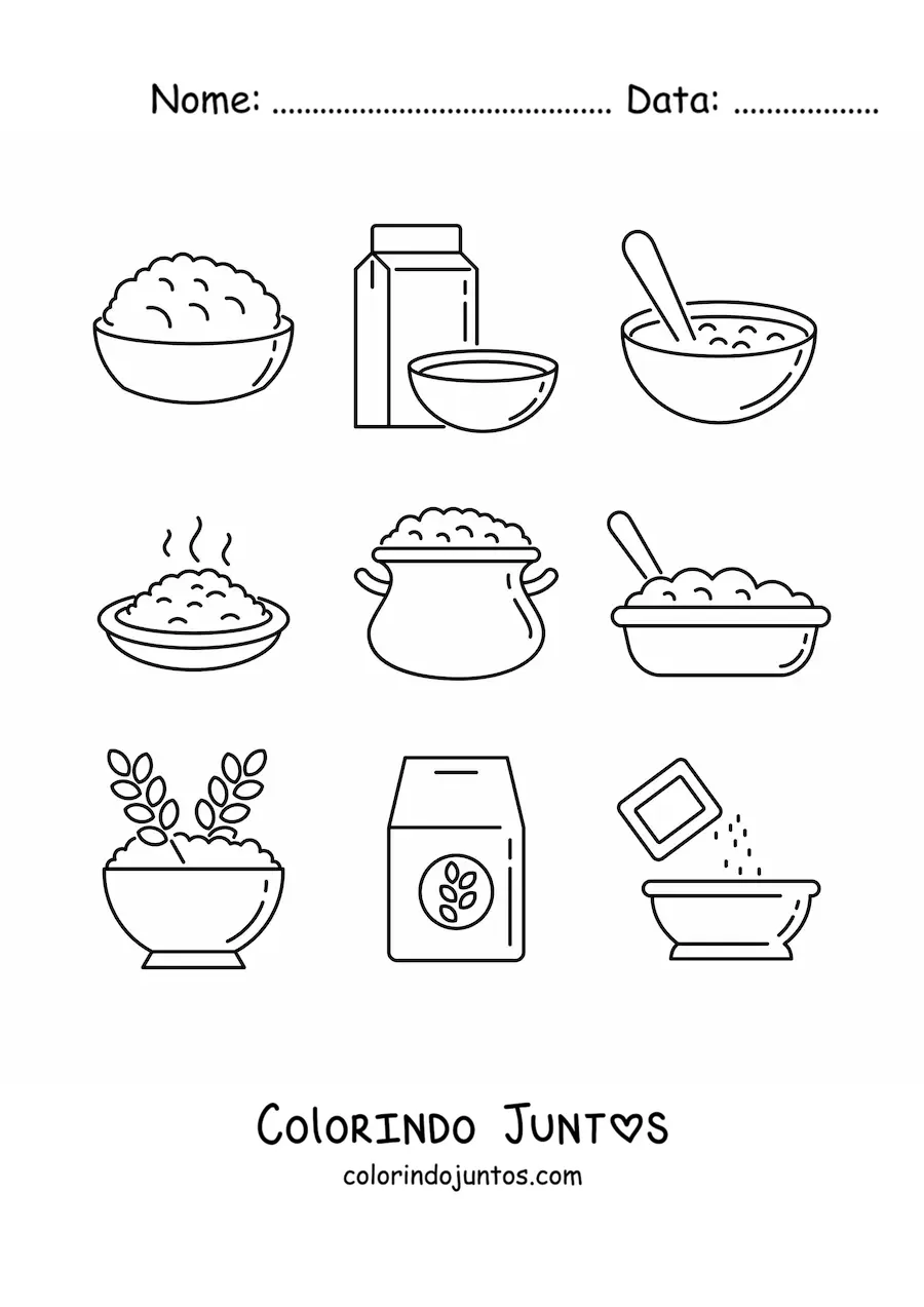 Desenho para colorir de diferentes formas de comer aveia