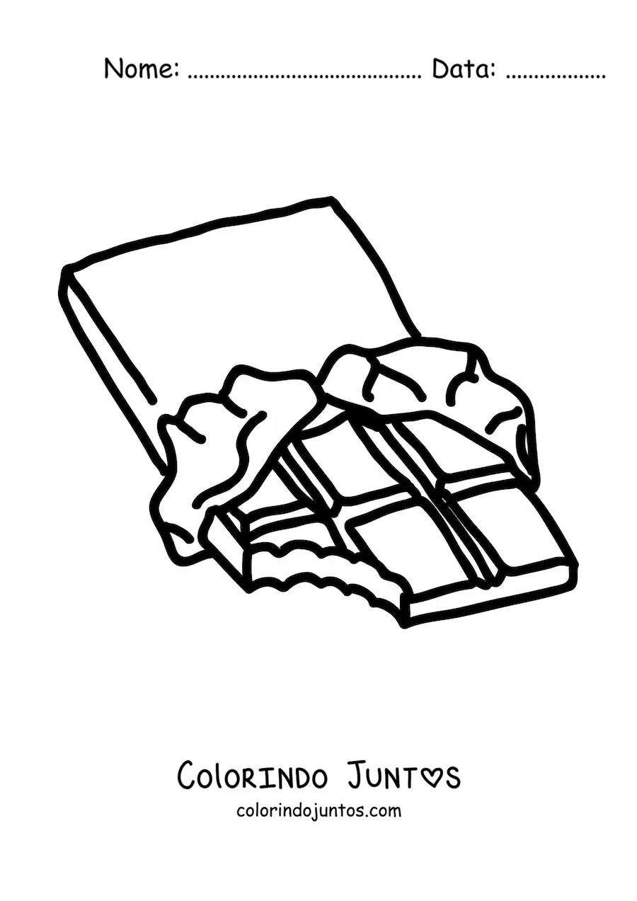 Desenho para colorir de uma barra de chocolate com uma mordida