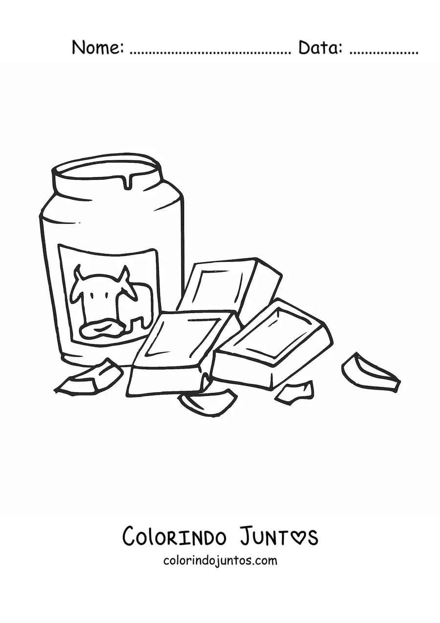 Desenho para colorir de um pedaço de chocolate ao lado de um pote de leite
