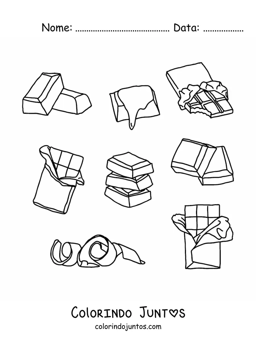 Desenho para colorir de várias barras e pedaços de chocolate