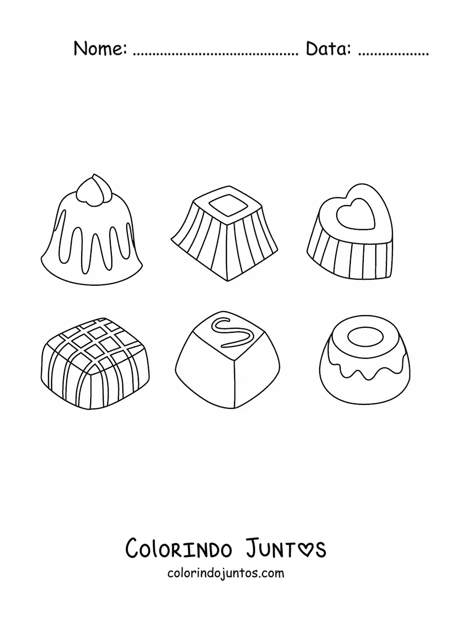 Desenho para colorir de vários bombons de chocolate