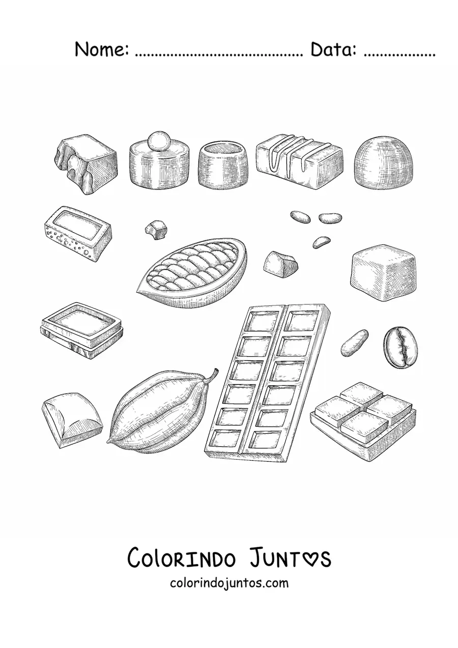 Desenho para colorir de vários pedaços de chocolate e de cacau