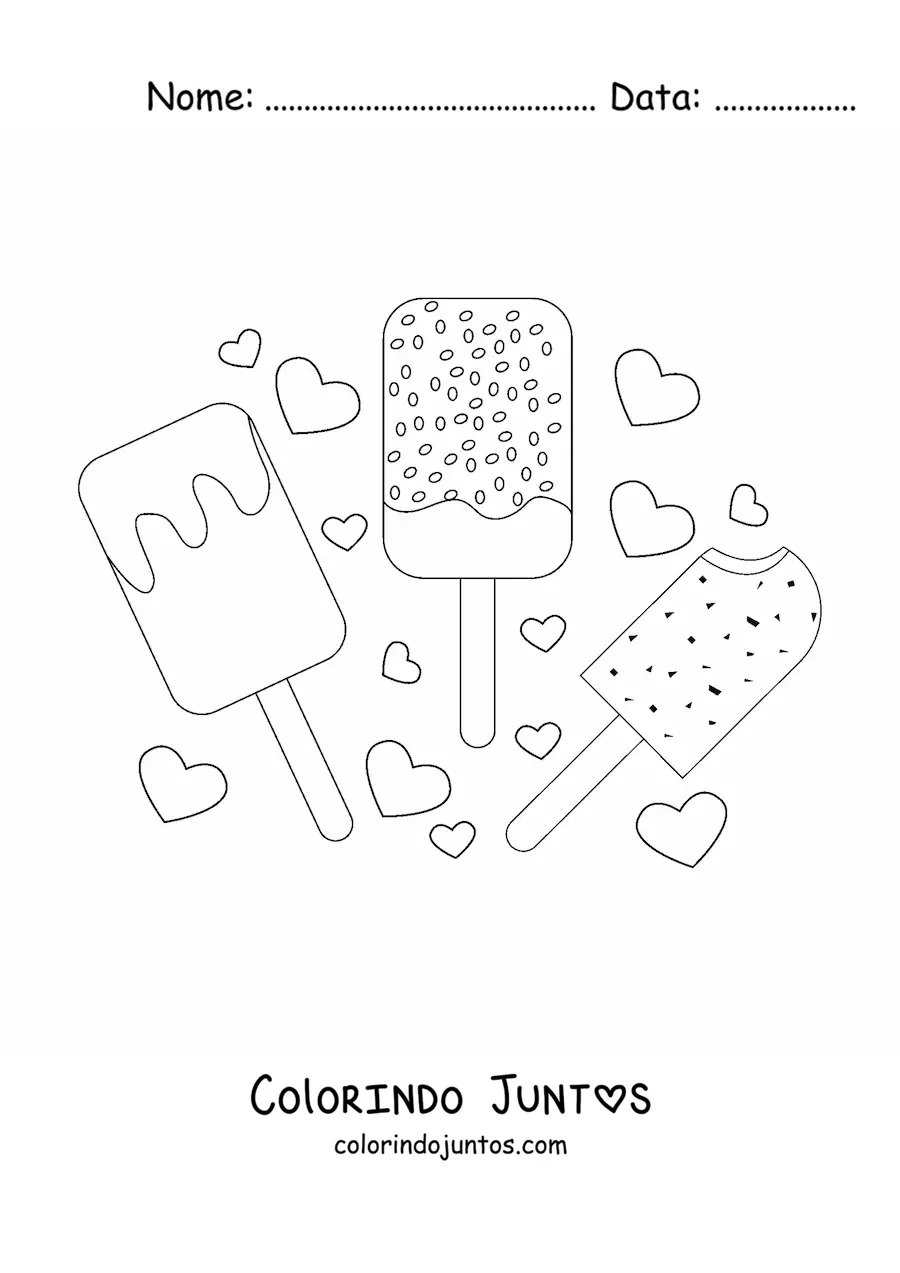 Desenho para colorir de três picolés cobertos de chocolate