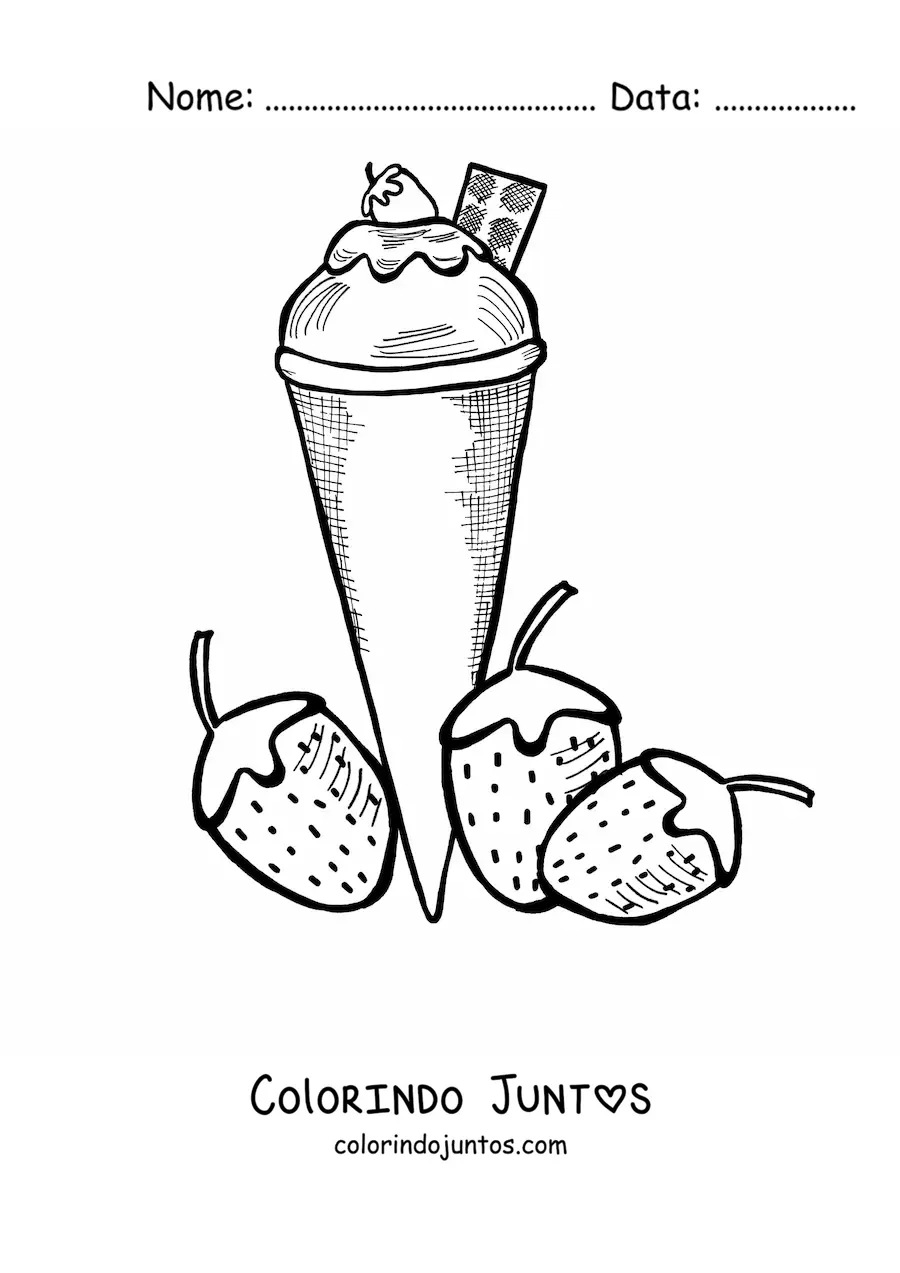 Desenho para colorir de um sorvete de casquinha ao lado de dois morangos