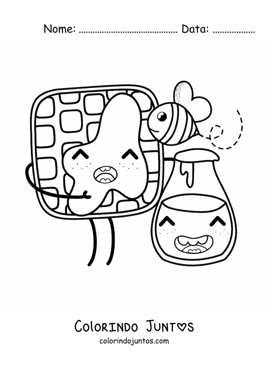 Desenho para colorir de um waffle animado kawaii com um pote de mel e uma abelha